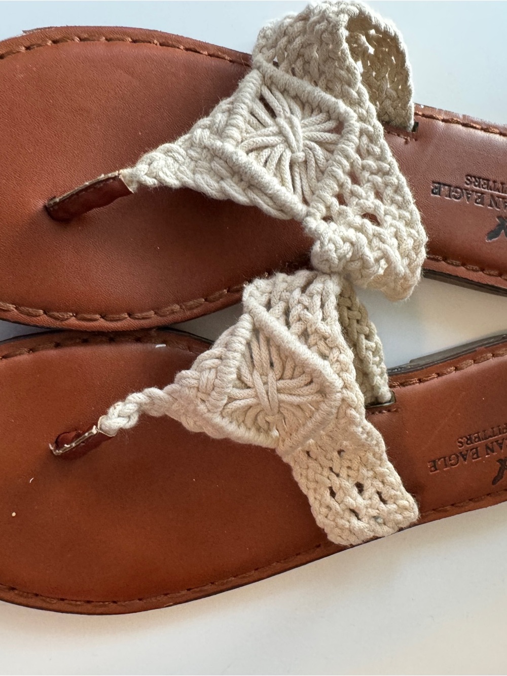 American Eagle Outfitters Cream Women’s Crochet Thong Sandals with Brown Footbed
